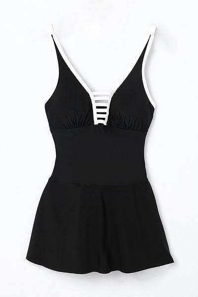 Black Strappy V Neck Side Split One-piece Swimdress