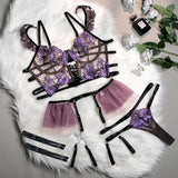 Enchanting Elegance Lingerie Set: Sensual Lace Embroidery, Ruffled Thongs, and Chain Garter